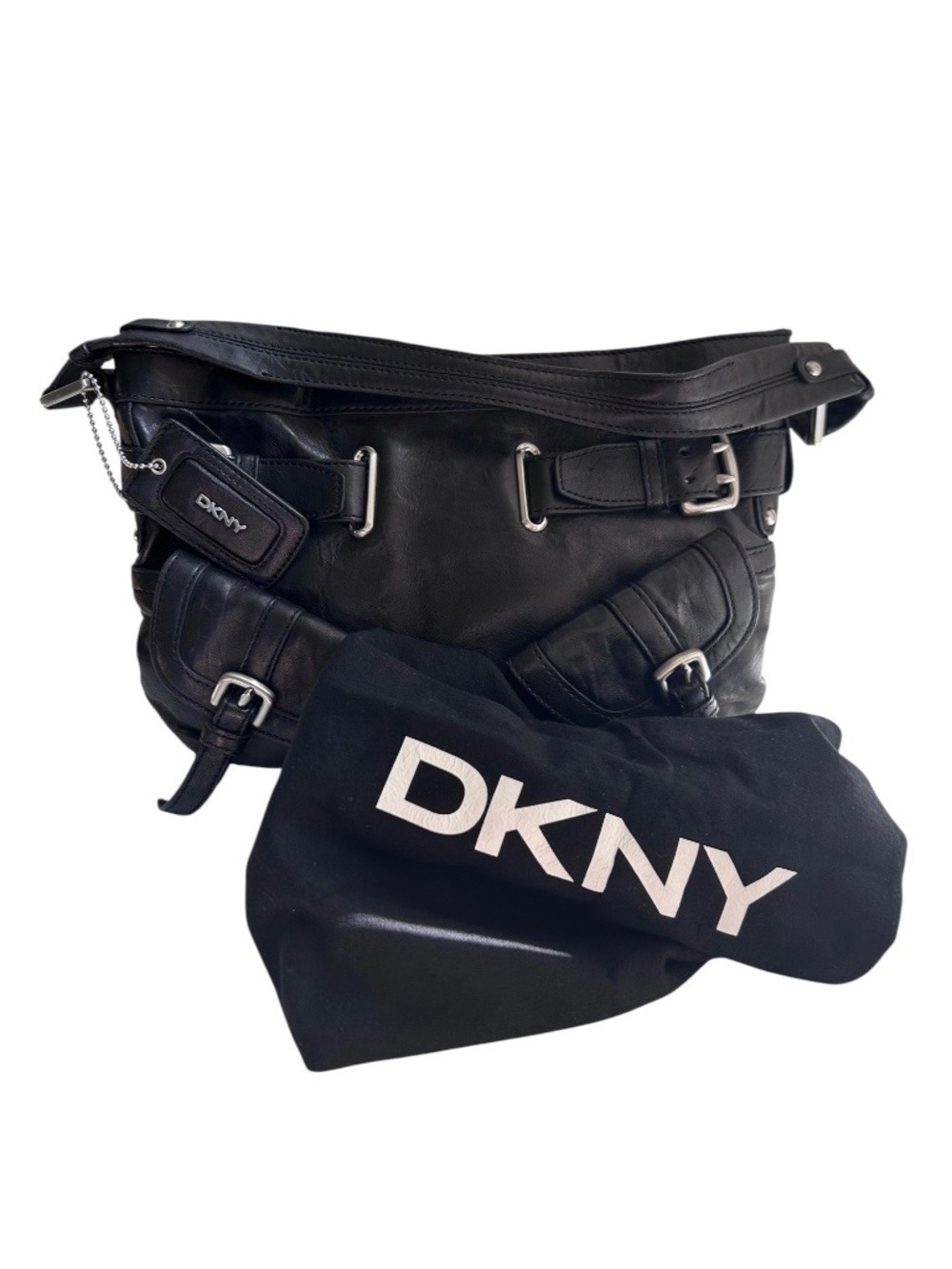 DKNY Leather Bag with Buckles & Pockets in Black LIKE NEW